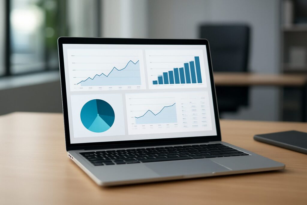 A laptop displaying various Instagram statistics charts and graphs