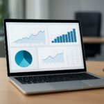 A laptop displaying various Instagram statistics charts and graphs