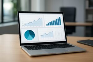 A laptop displaying various Instagram statistics charts and graphs