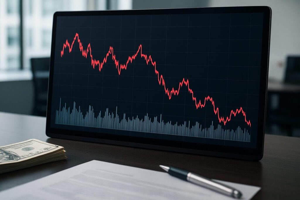A digital chart displaying a fluctuating stock market trend with a focus on volatility.