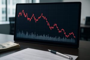A digital chart displaying a fluctuating stock market trend with a focus on volatility.