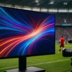 A monitor displaying colorful abstract light patterns in a sports stadium setting with a camera nearby