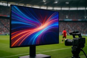 A monitor displaying colorful abstract light patterns in a sports stadium setting with a camera nearby